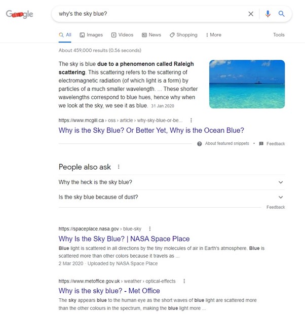 Google search engine results page, showing different pieces of content about why the sky is blue. 
